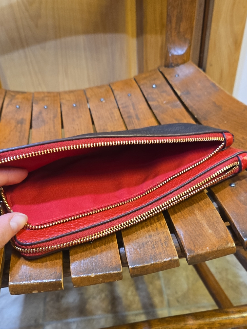 Coach Double Zip Wristlet/Wallet In Dark Brown And Red - Picture 3 of 4